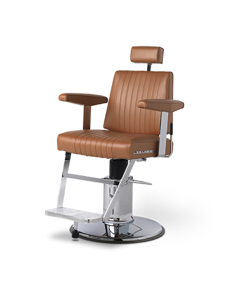 Dainty- Cognac farvet barberstol i rustfrit stål fra Takara Belmont, frisørudstyr til frisørsalon