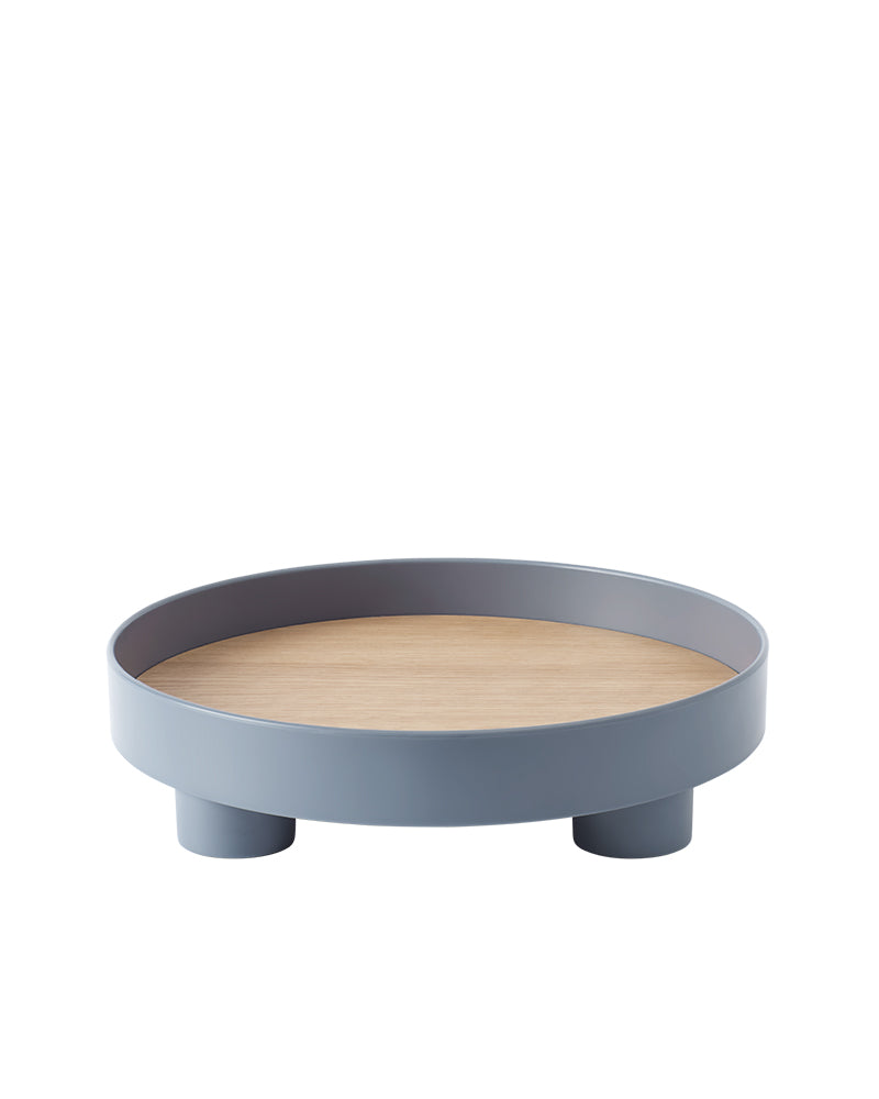 Platform - Blaues Serviertablett mit Eichenholzplatte