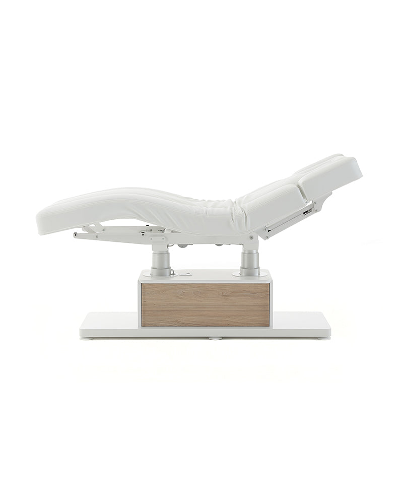 The Clair - Table de massage blanche avec détails motif chêne - avec moteur - avec accoudoirs réglables