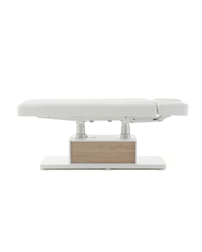 The Clair - Table de massage blanche avec détails motif chêne - avec moteur - avec accoudoirs réglables