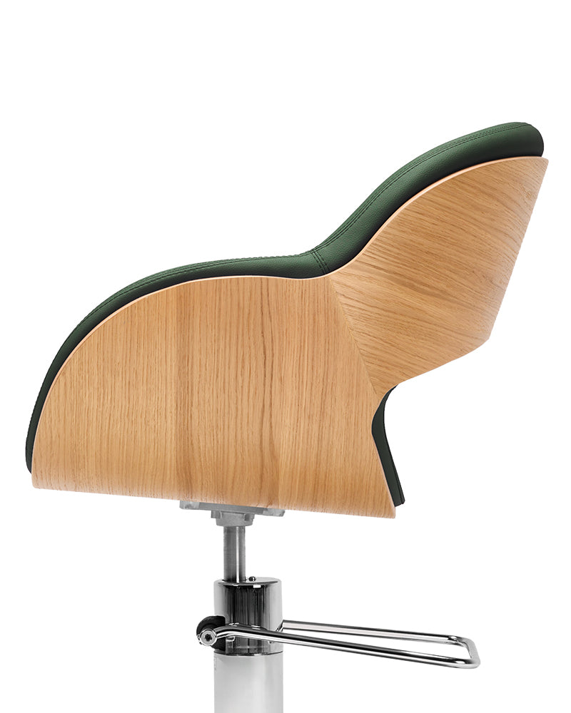 Thea Wood - Grüner friseurstuhl aus Holz mit chrom-tellerfuß